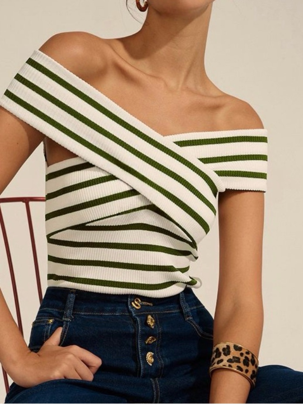Commense Striped Off-Shoulder Knit Top in White and Olive